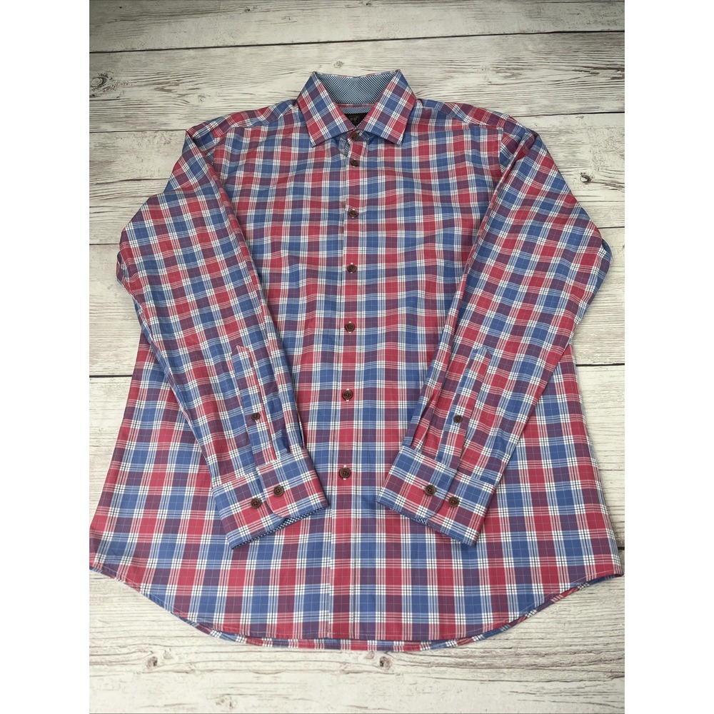Tattersall London Shirt Men's 16.5 Large Blue Red Plaid Long Sleeve Casual Dress